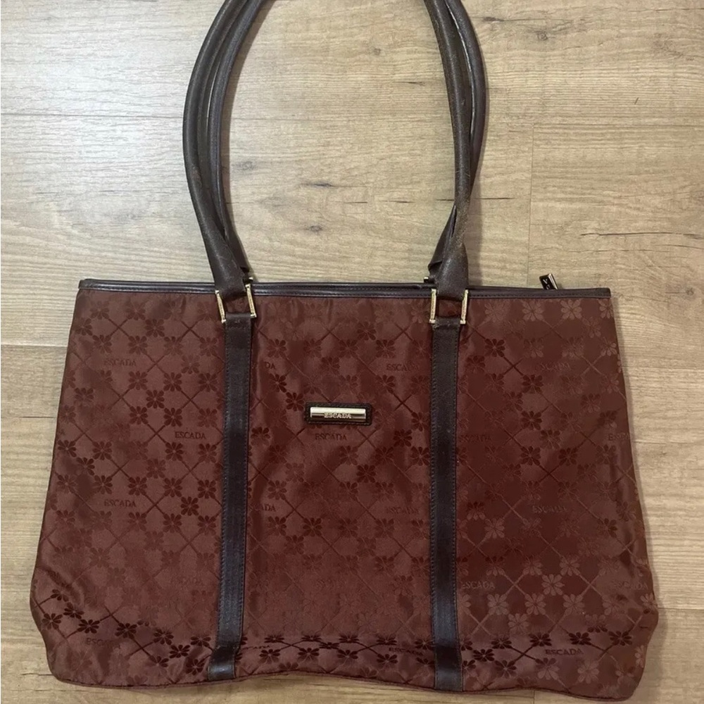 Vintage Escada Tote Bag Purse Canvas Leather Trim Brown Embossed Daisy Flower